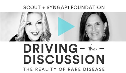 SYNGAP1 Foundation's Monica Weldon with KimberLee Heidmann above text: Driving the Discussion: The Reality of Rare Disease.