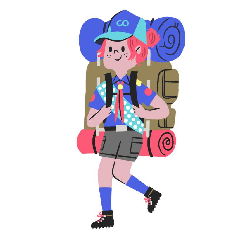 A red-haired Scout walking with a hiking pack on her back and a cap emblazoned with the Scout logo.